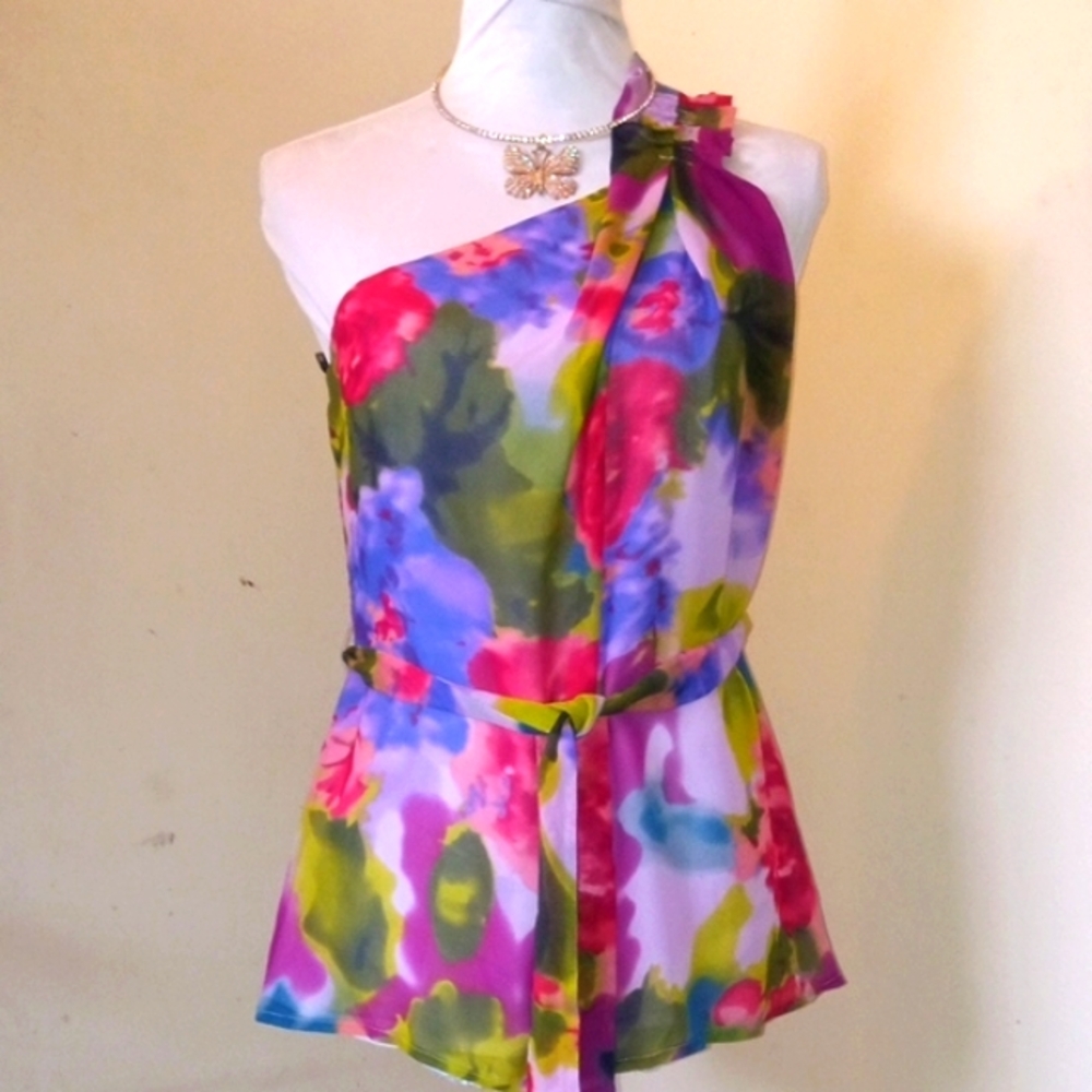 Bebe Silk Vibrant Floral Asymmetrical Blouse